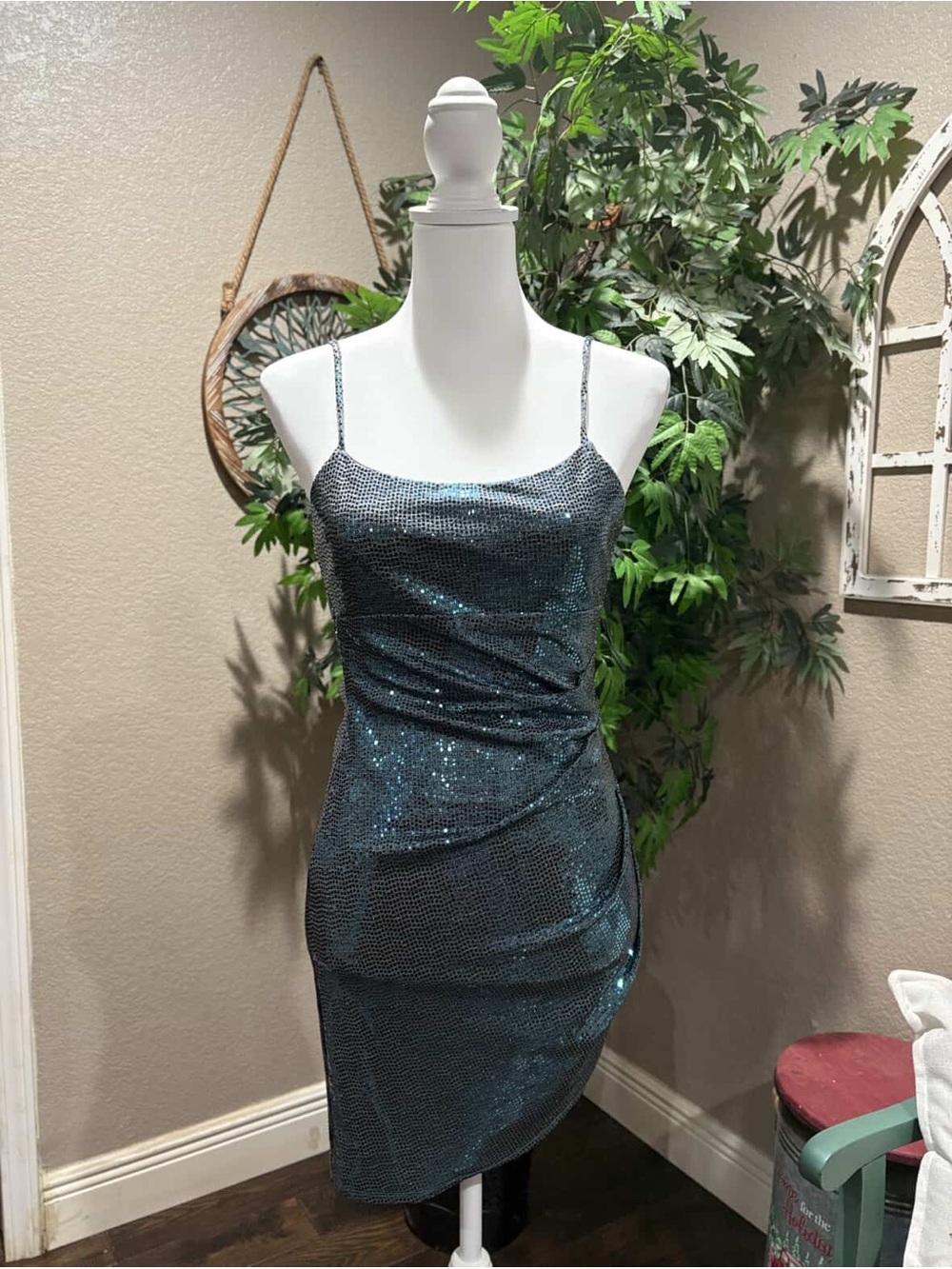 Macy's Teal Sequin Spaghetti Strap Mini Dress